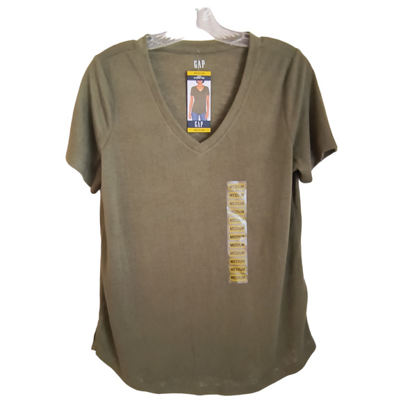 Gap Short Sleeve Tee Women's Sz M Olive Green V Neck Pull Over Soft Modal Blend - Picture 1 of 13